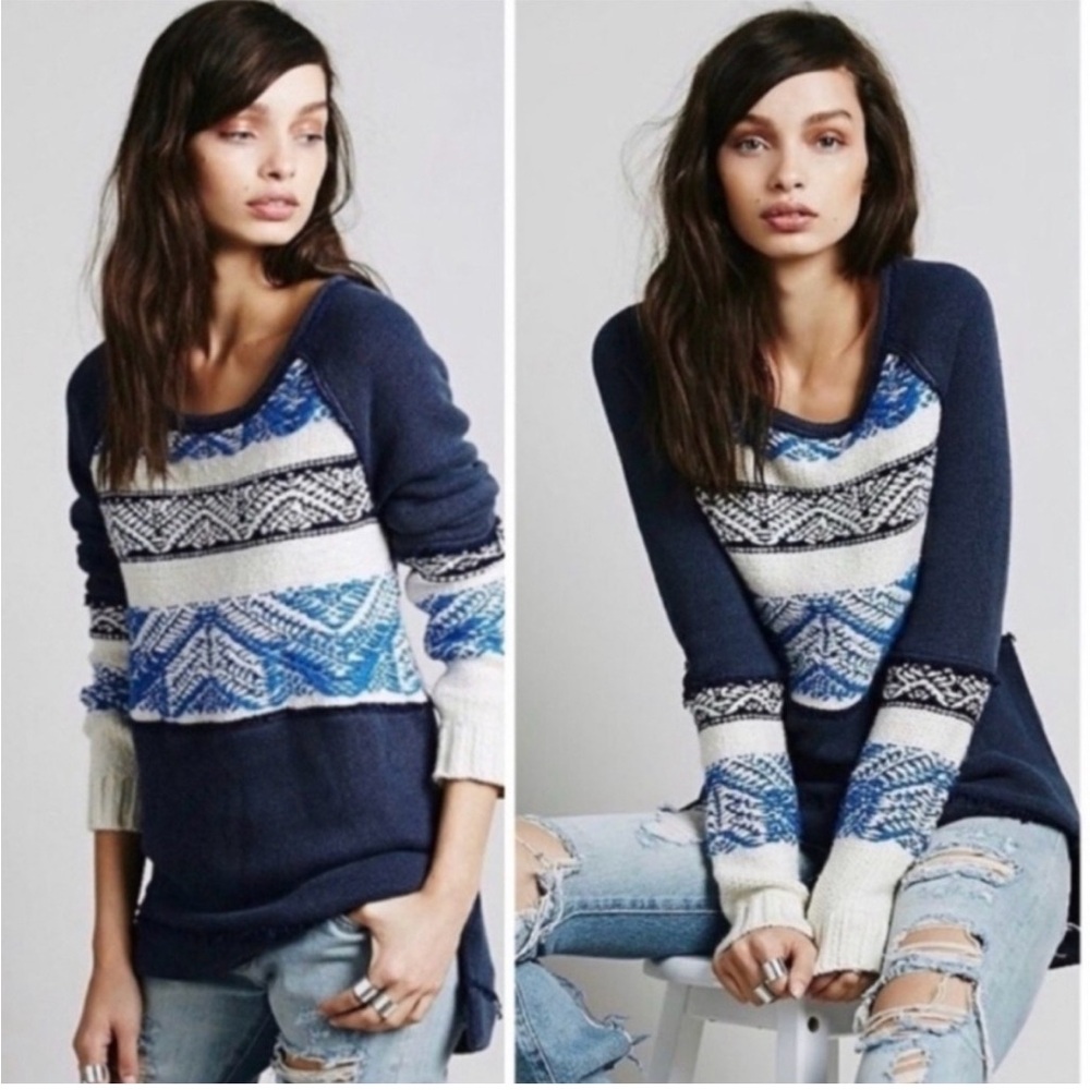 Free People Snow Angel Navy and Cream Patterned Sweater